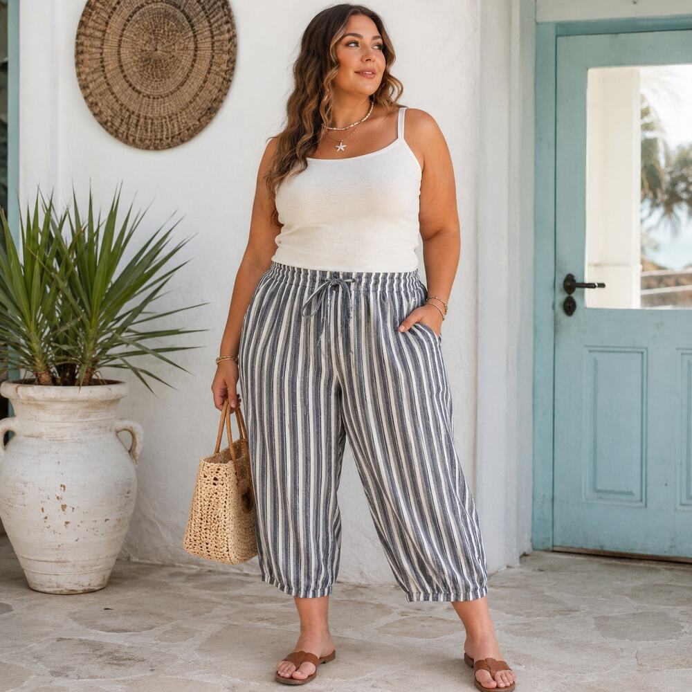 Per Se Linen Blend Crop Womens Pants Sz 2X Coastal Nautical Americana Striped